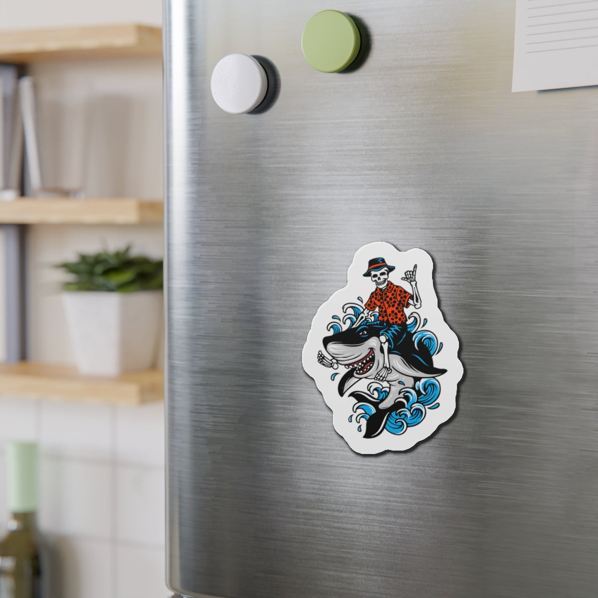 Rock on Skeleton Riding Shark Die-Cut Magnets