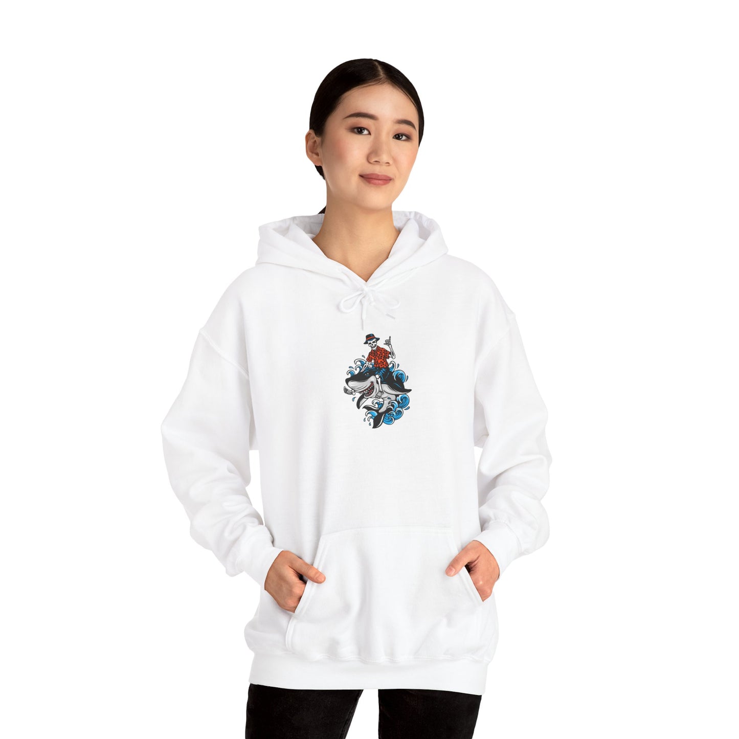 Rock on Skeleton Riding Shark Hooded Sweatshirt