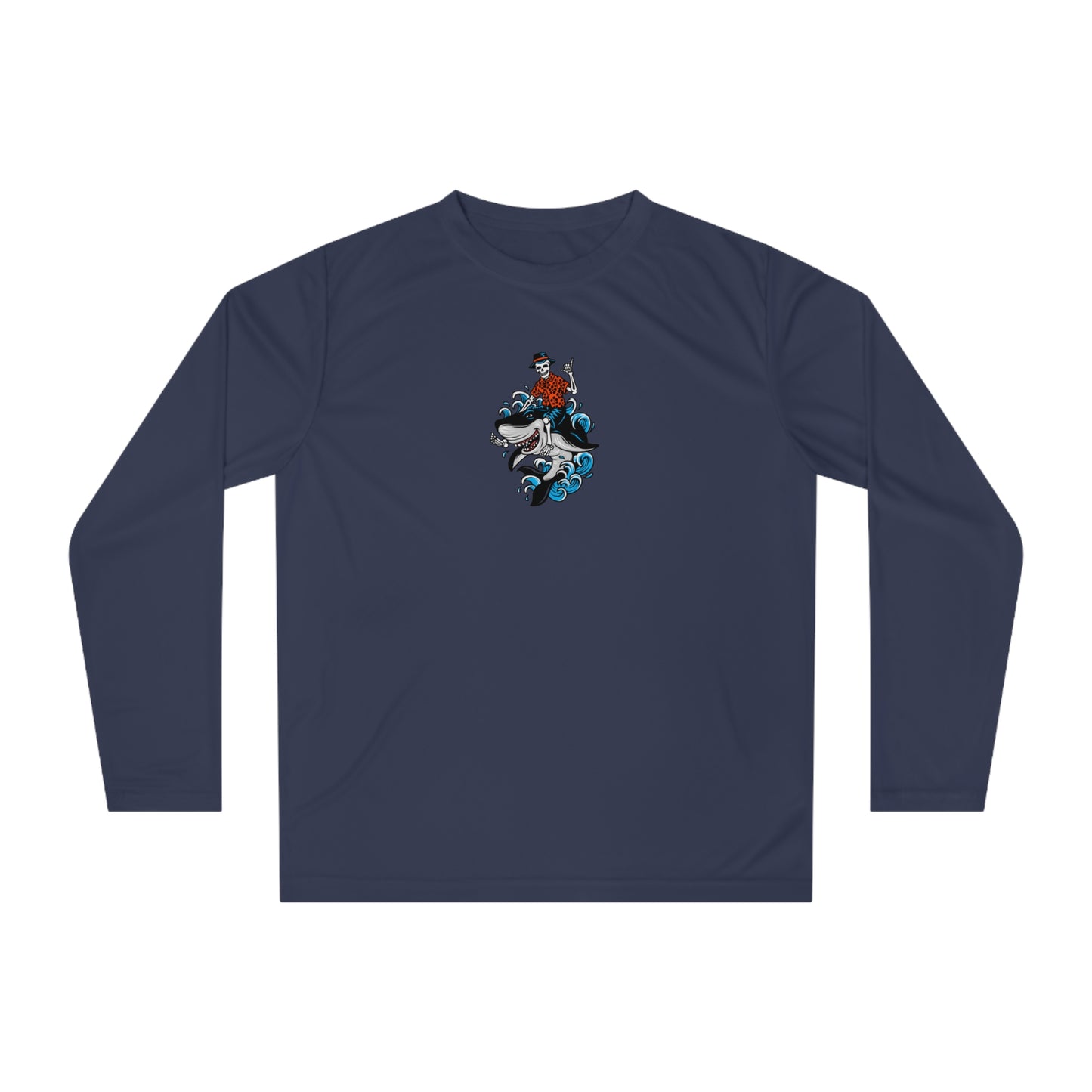Rock on Skeleton Riding Shark Performance Long Sleeve Shirt