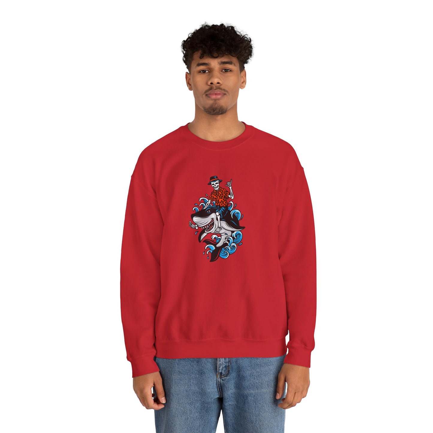 Rock on Skeleton Riding Shark Crewneck Sweatshirt