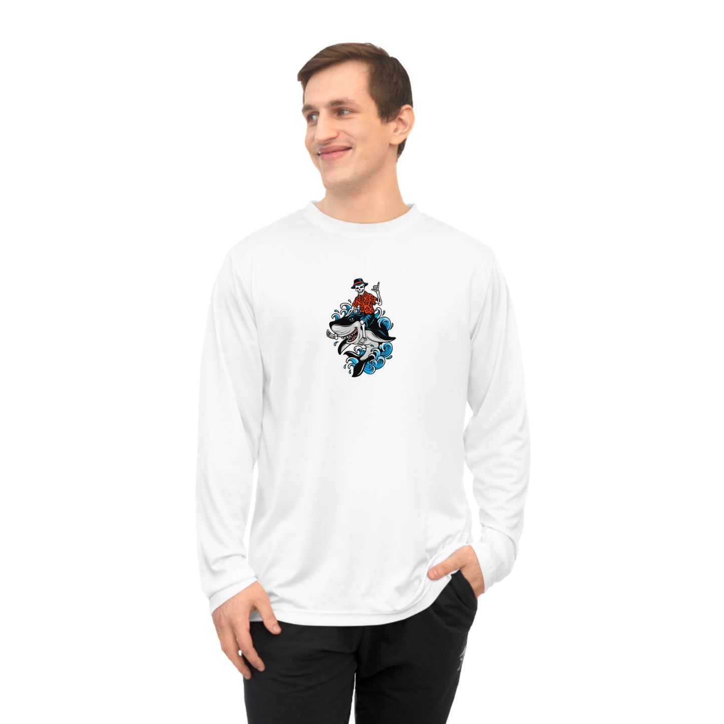 Rock on Skeleton Riding Shark Performance Long Sleeve Shirt