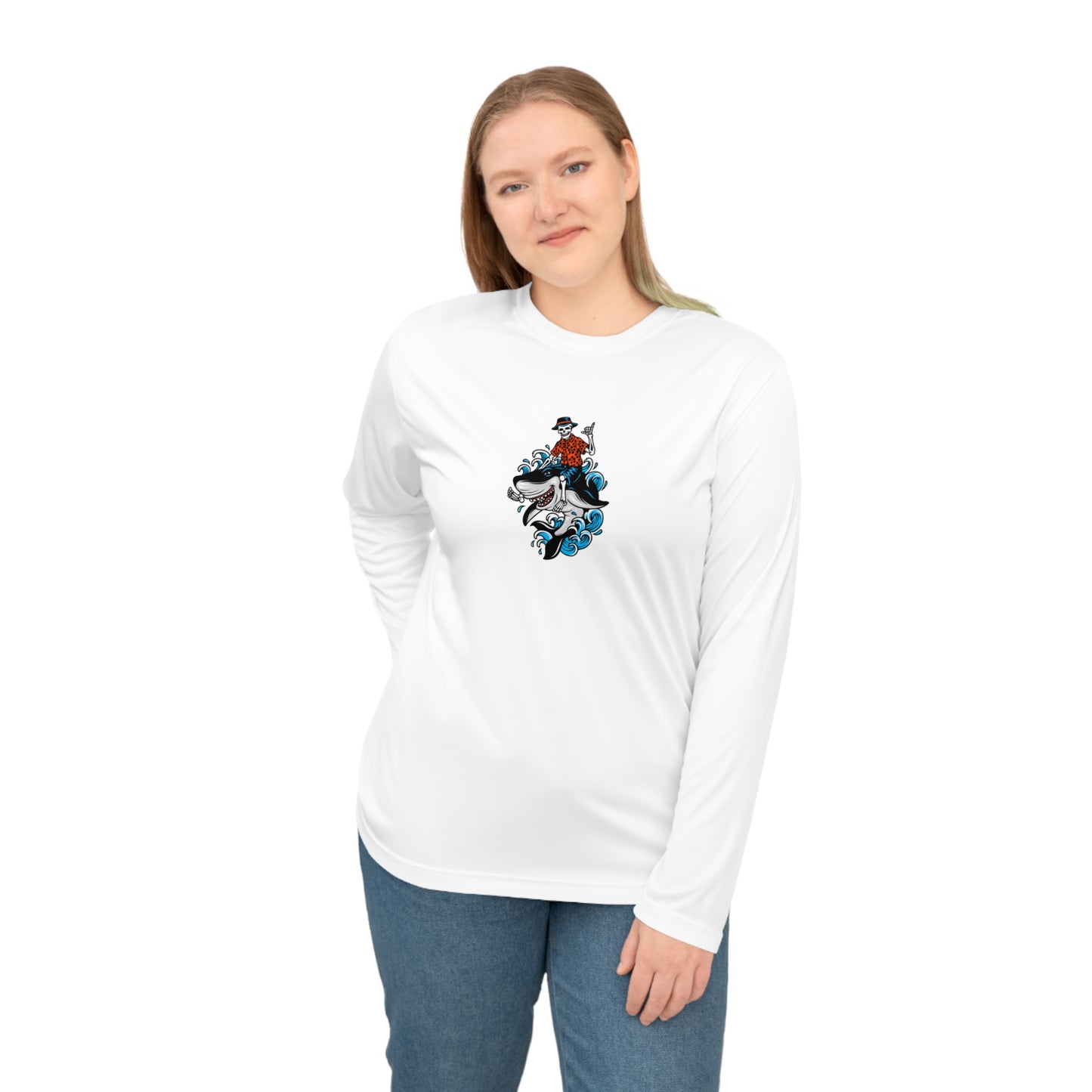 Rock on Skeleton Riding Shark Performance Long Sleeve Shirt