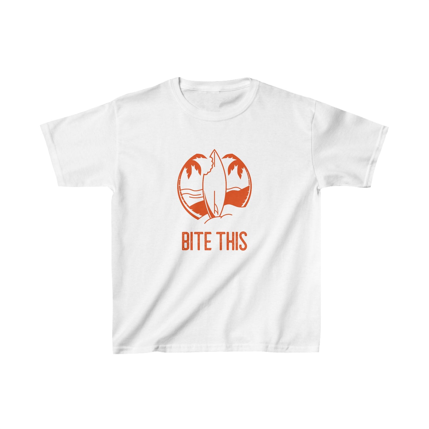"Bite This" (Shark Bite in Surfboard) Kids T-Shirt