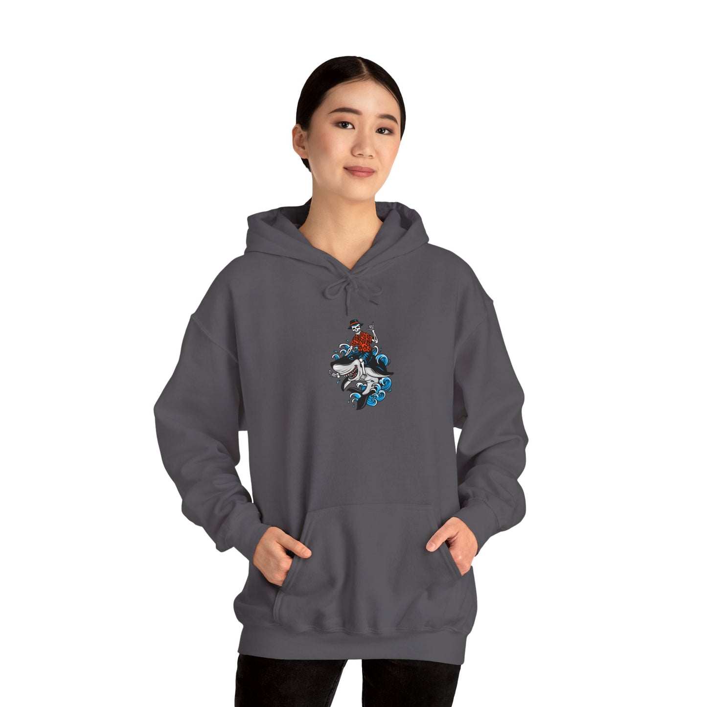 Rock on Skeleton Riding Shark Hooded Sweatshirt
