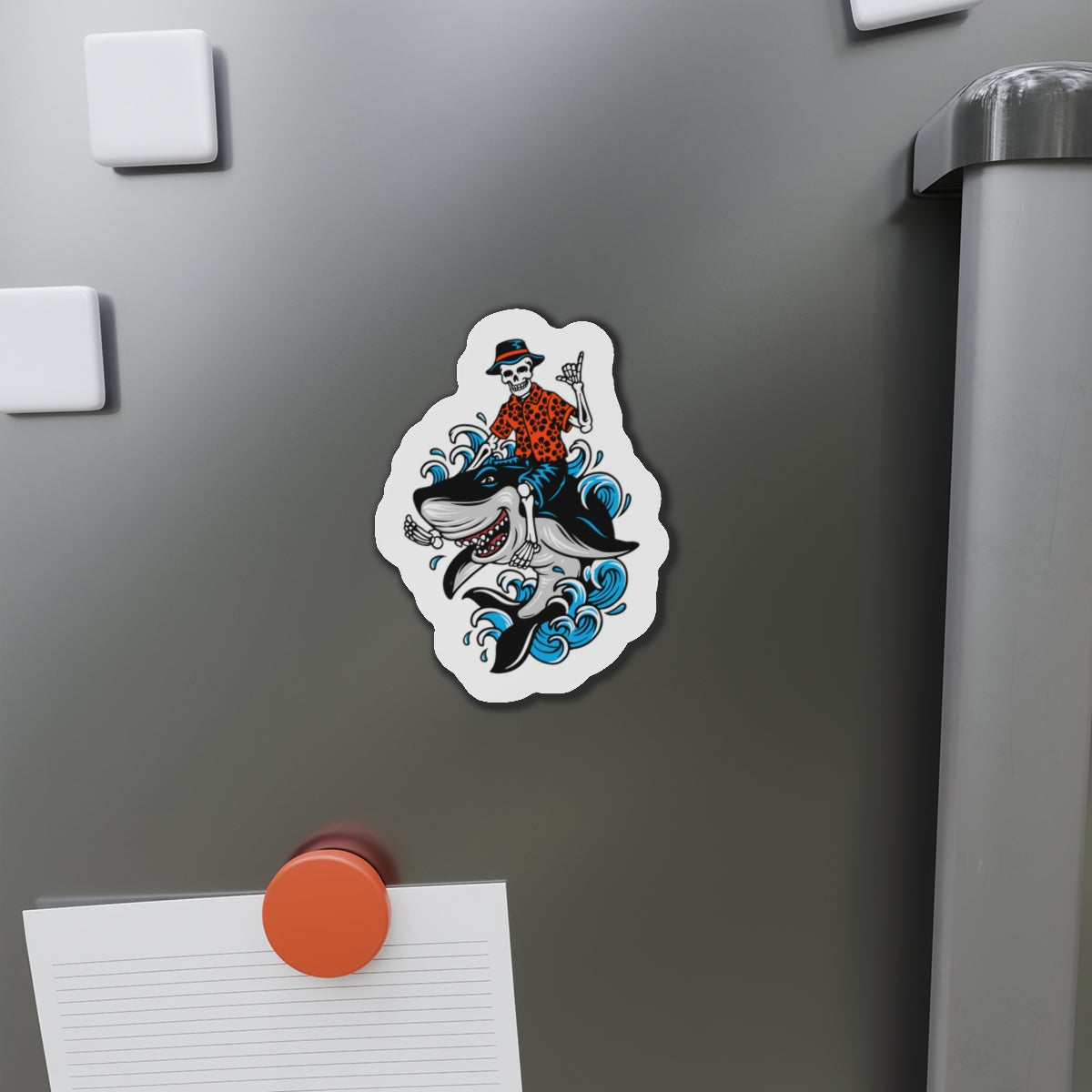 Rock on Skeleton Riding Shark Die-Cut Magnets
