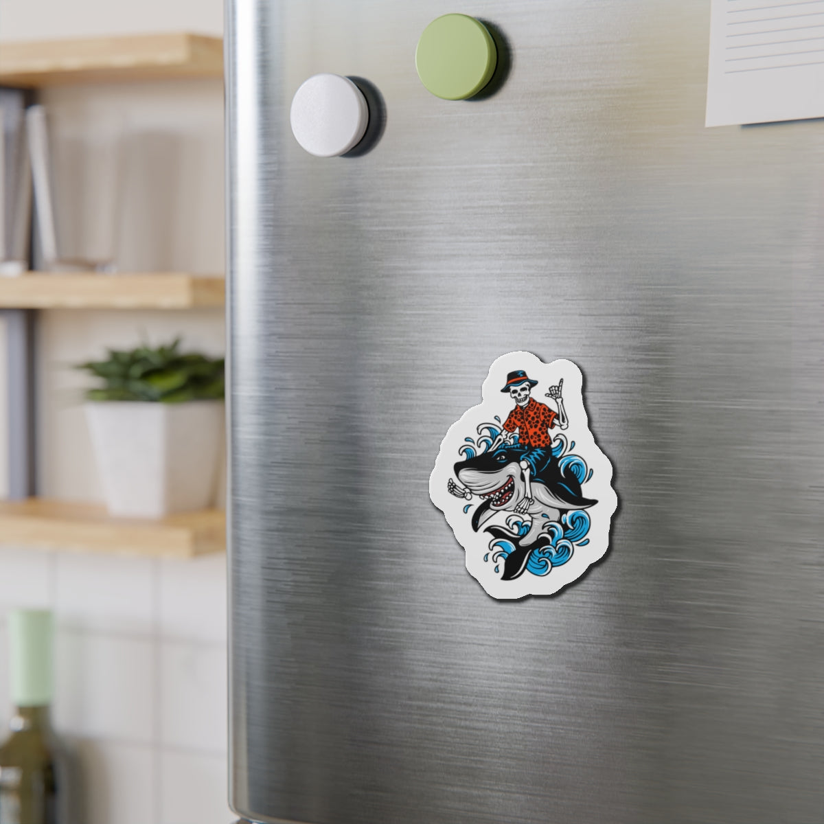 Rock on Skeleton Riding Shark Die-Cut Magnets