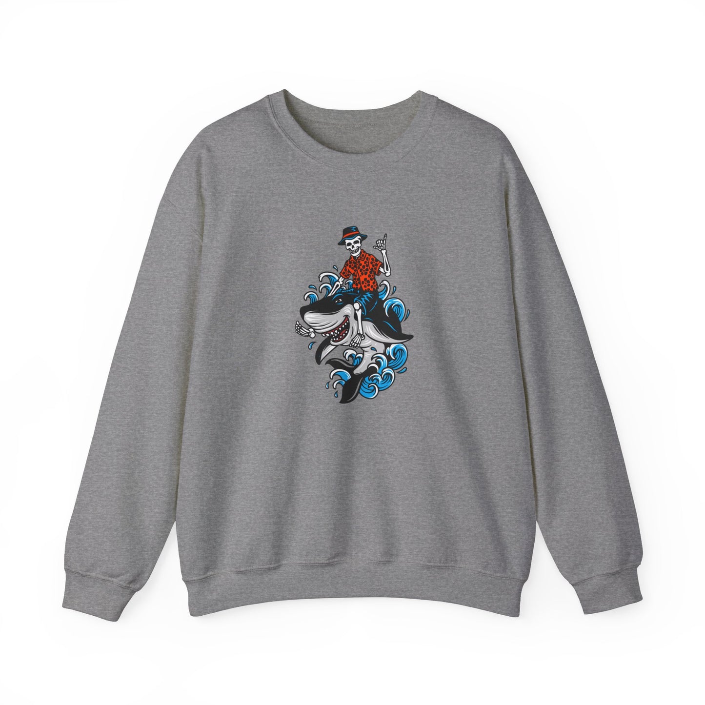 Rock on Skeleton Riding Shark Crewneck Sweatshirt