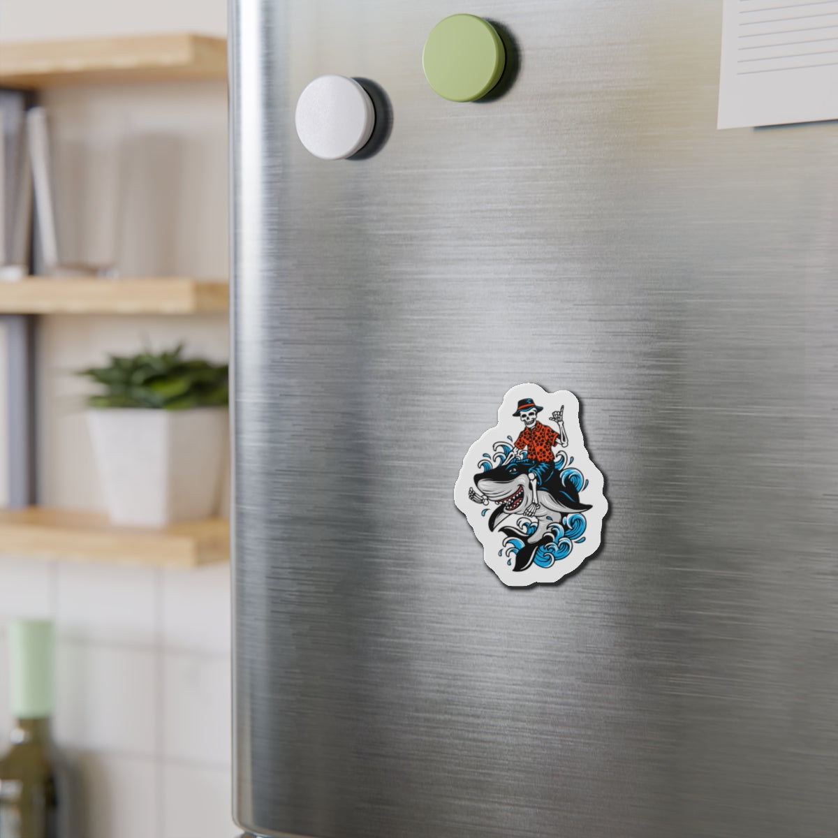 Rock on Skeleton Riding Shark Die-Cut Magnets