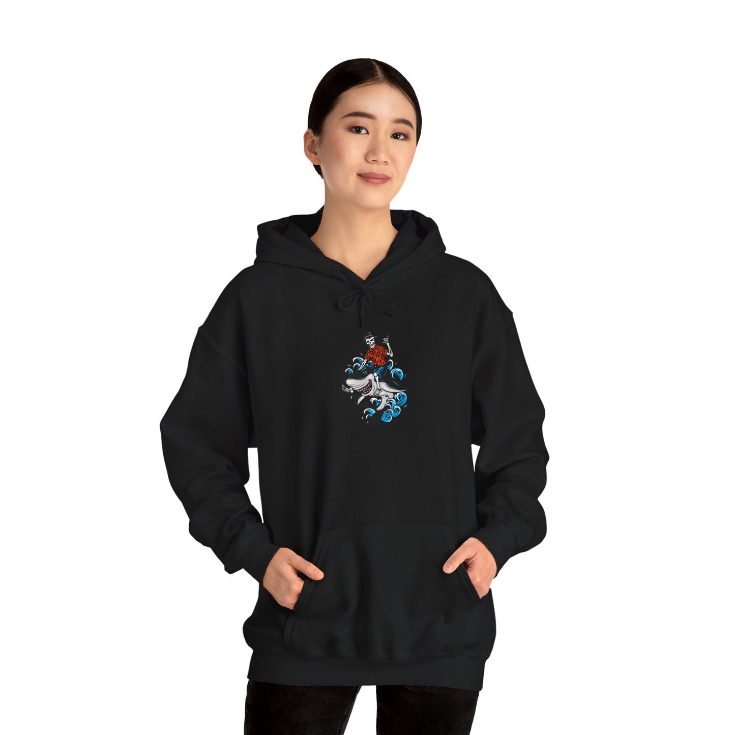 Rock on Skeleton Riding Shark Hooded Sweatshirt