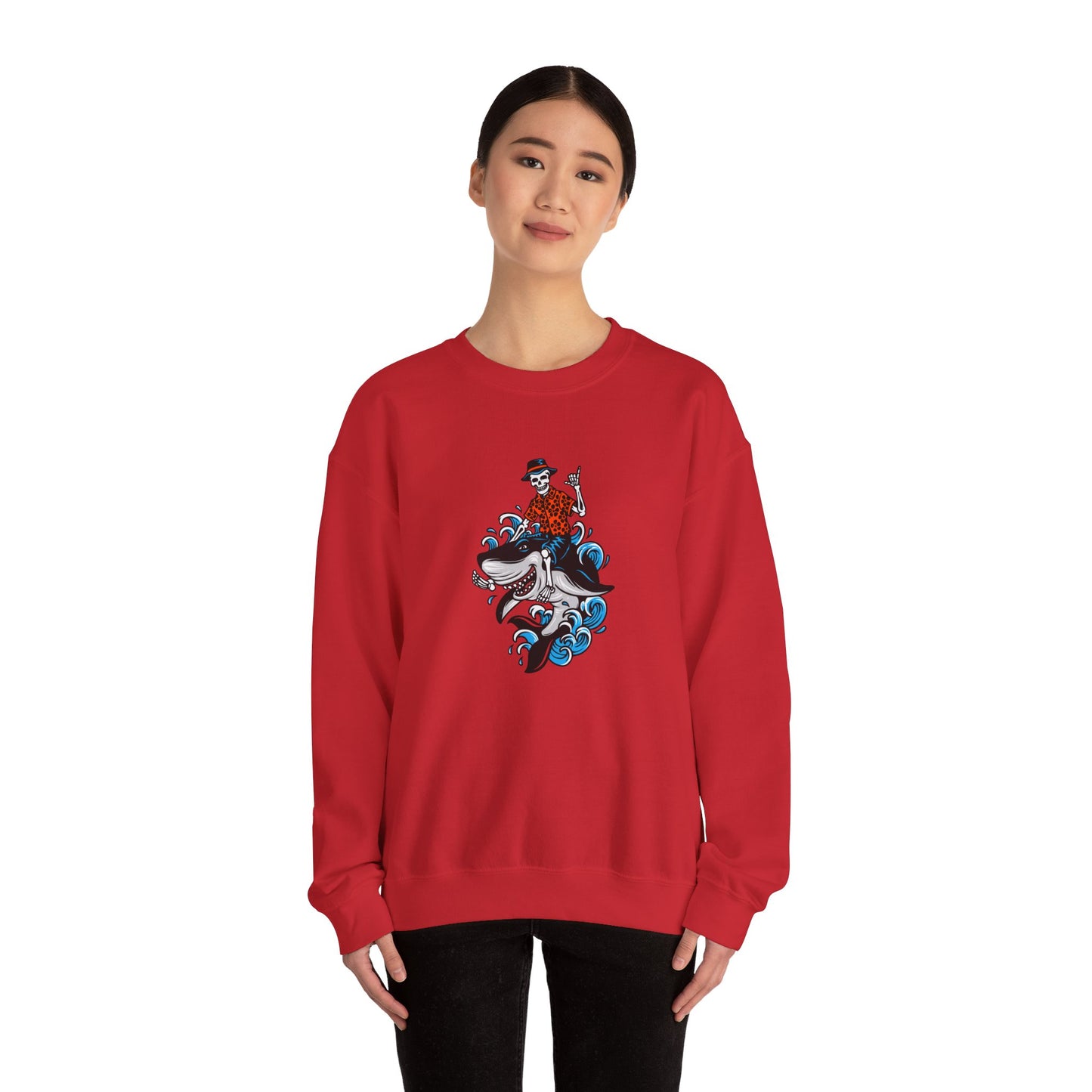 Rock on Skeleton Riding Shark Crewneck Sweatshirt