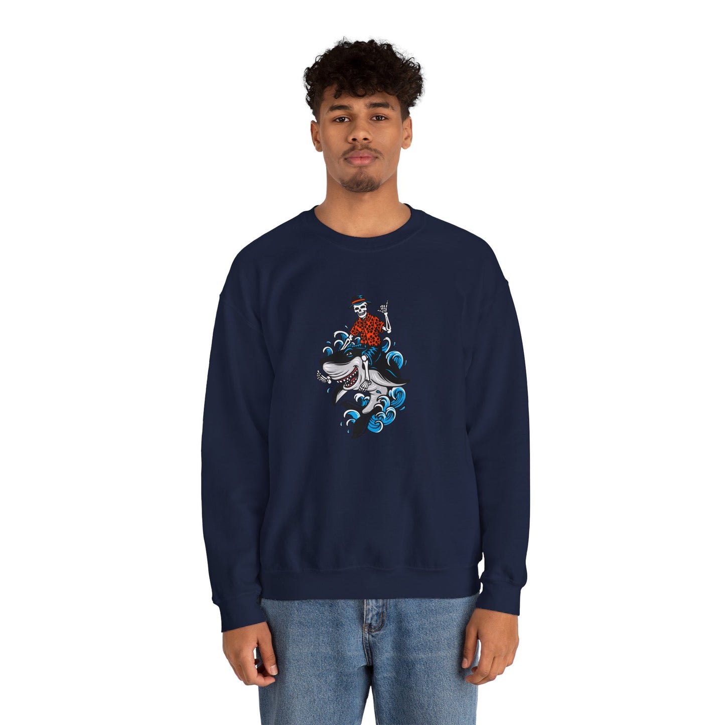 Rock on Skeleton Riding Shark Crewneck Sweatshirt