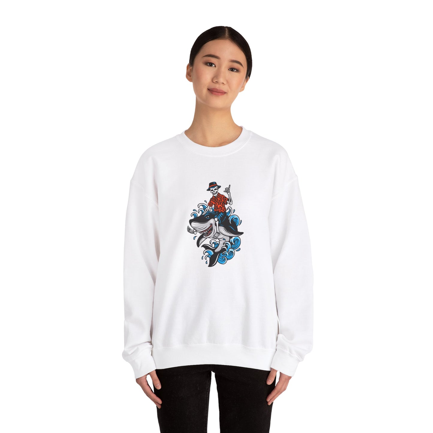 Rock on Skeleton Riding Shark Crewneck Sweatshirt