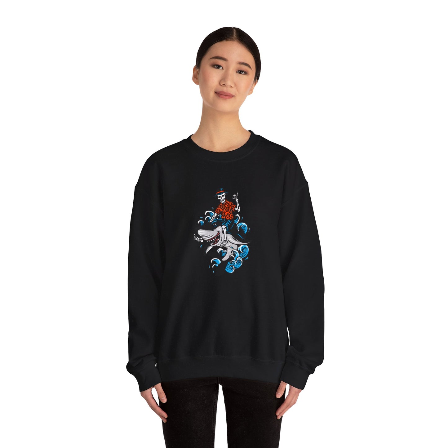 Rock on Skeleton Riding Shark Crewneck Sweatshirt