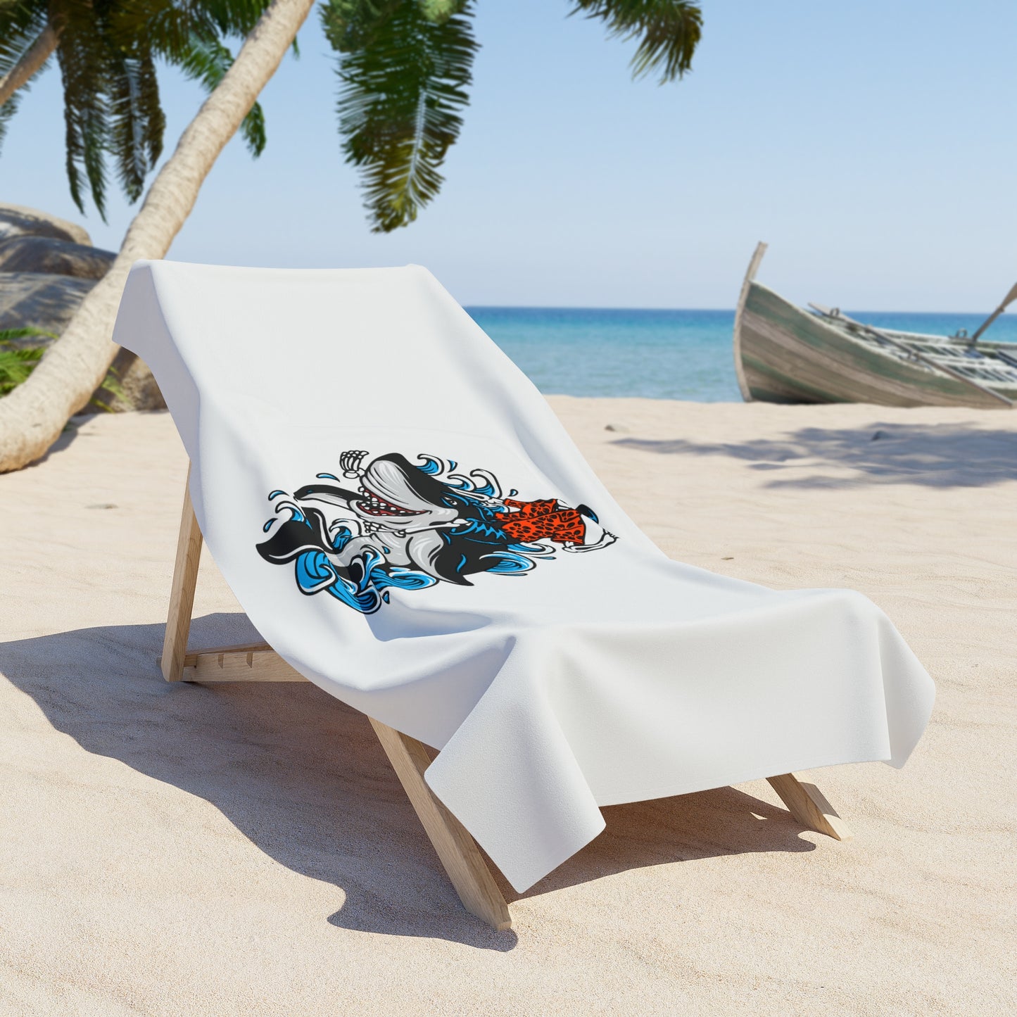Rock on Skeleton Riding Shark Beach Towel