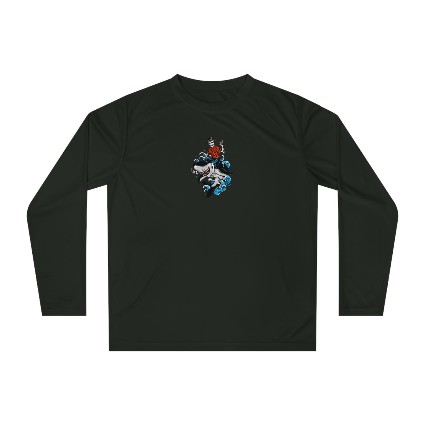 Rock on Skeleton Riding Shark Performance Long Sleeve Shirt