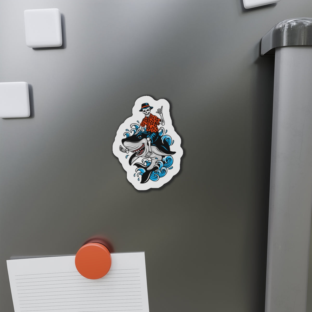 Rock on Skeleton Riding Shark Die-Cut Magnets