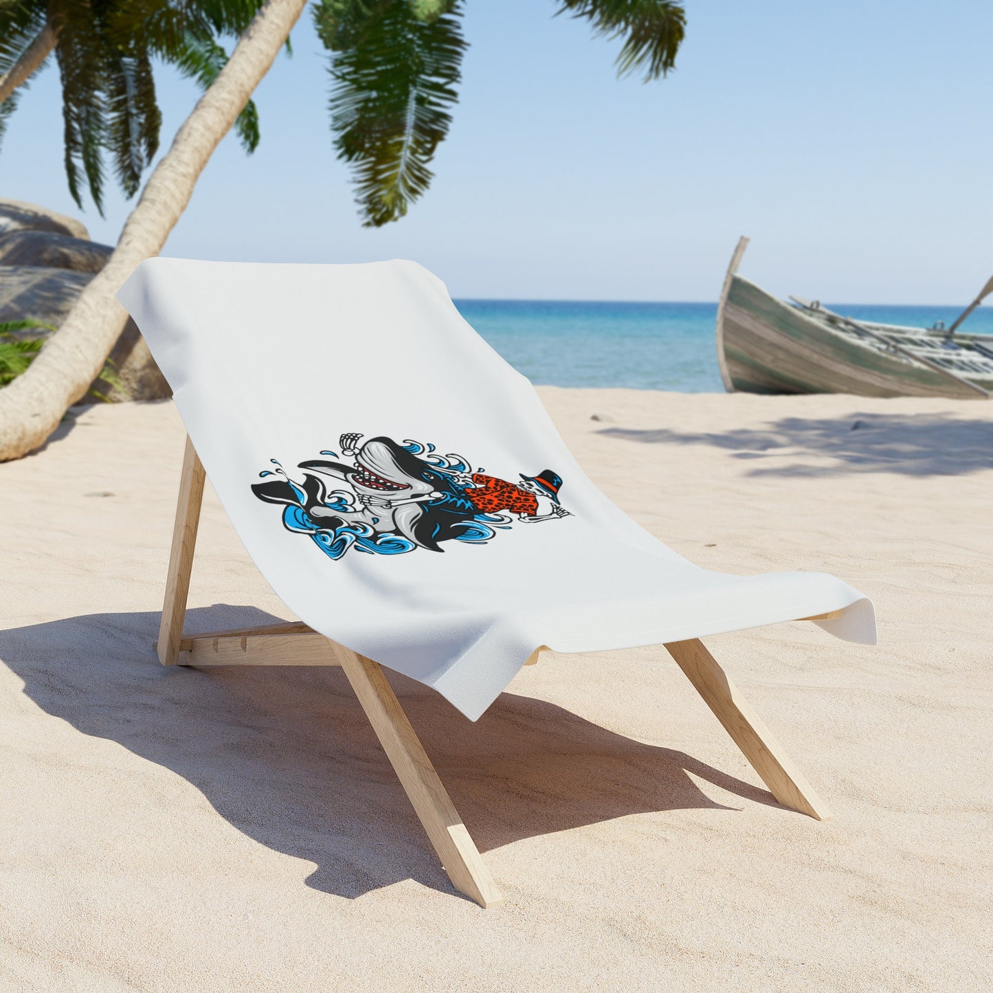 Rock on Skeleton Riding Shark Beach Towel