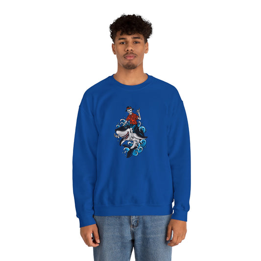 Rock on Skeleton Riding Shark Crewneck Sweatshirt