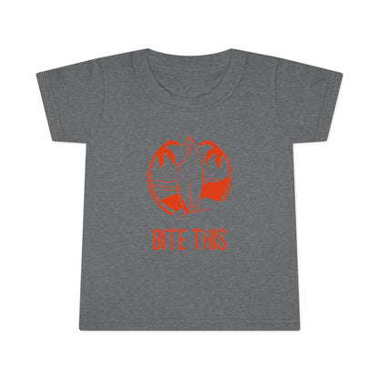 "Bite This" (Shark Bite in Surfboard) Toddler T-shirt