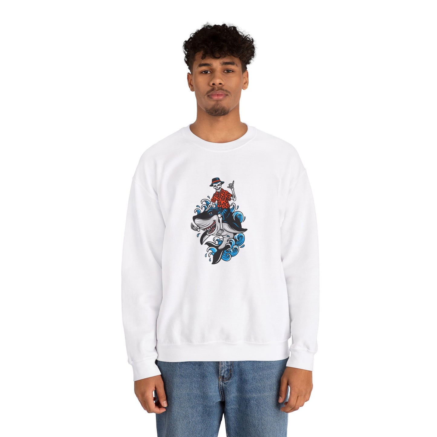 Rock on Skeleton Riding Shark Crewneck Sweatshirt