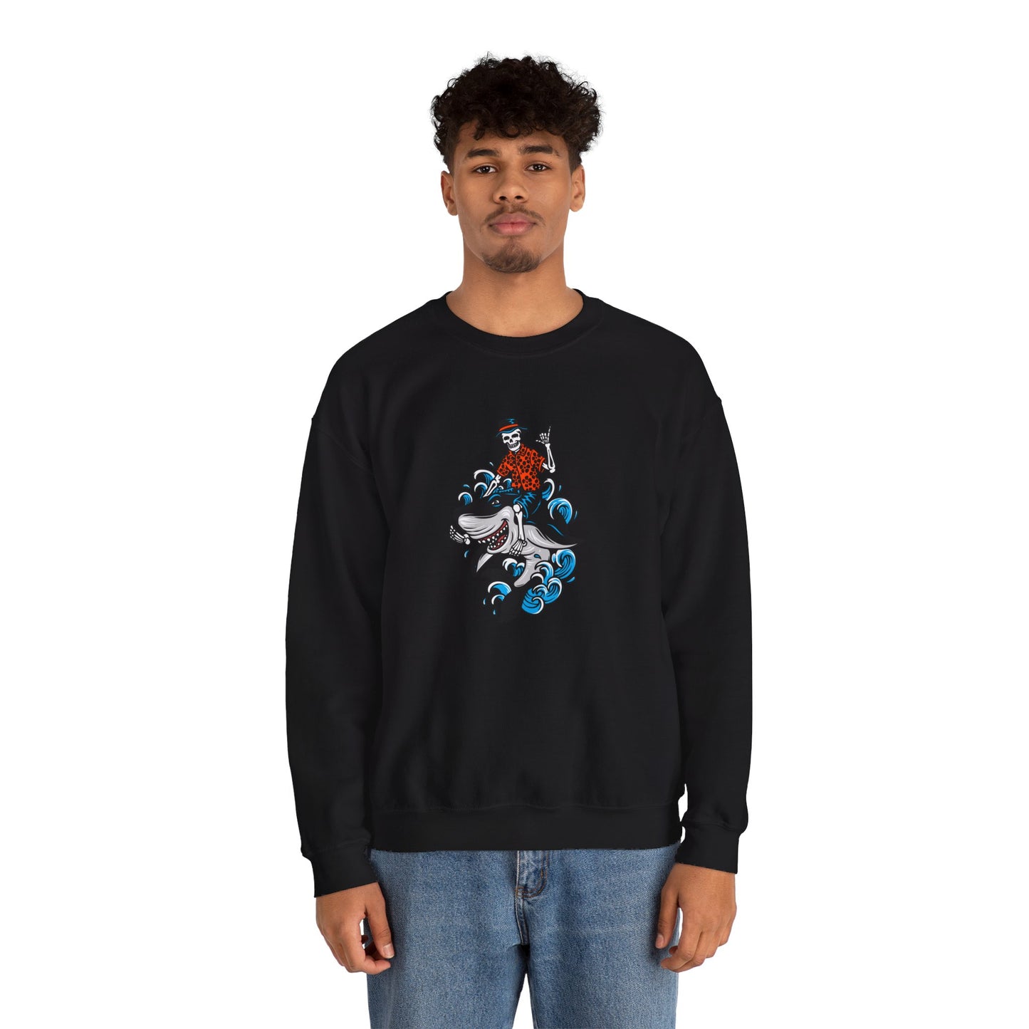 Rock on Skeleton Riding Shark Crewneck Sweatshirt