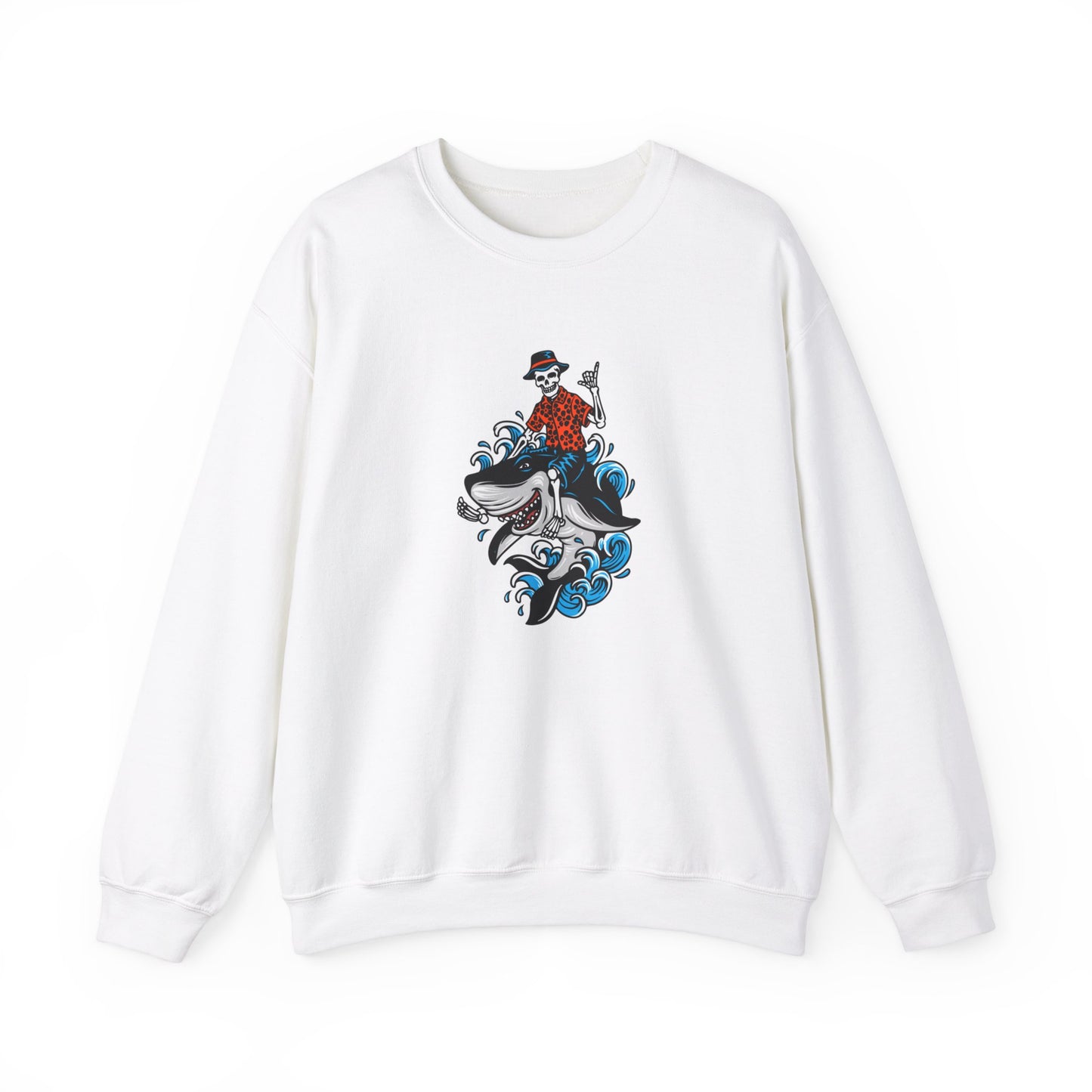 Rock on Skeleton Riding Shark Crewneck Sweatshirt