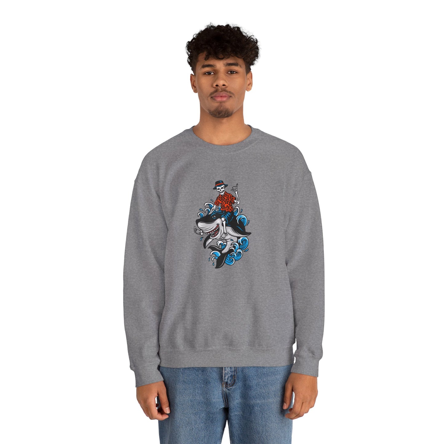 Rock on Skeleton Riding Shark Crewneck Sweatshirt