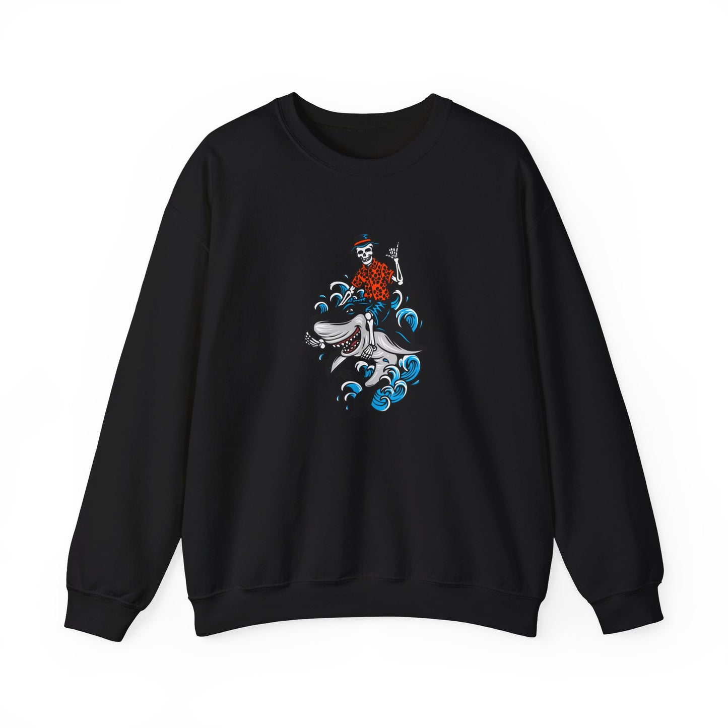 Rock on Skeleton Riding Shark Crewneck Sweatshirt