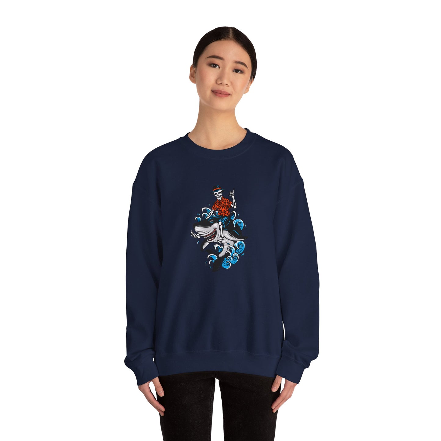 Rock on Skeleton Riding Shark Crewneck Sweatshirt