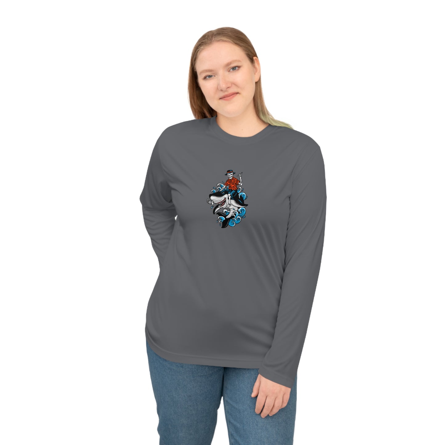 Rock on Skeleton Riding Shark Performance Long Sleeve Shirt