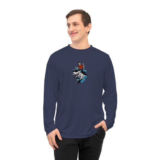 Rock on Skeleton Riding Shark Performance Long Sleeve Shirt