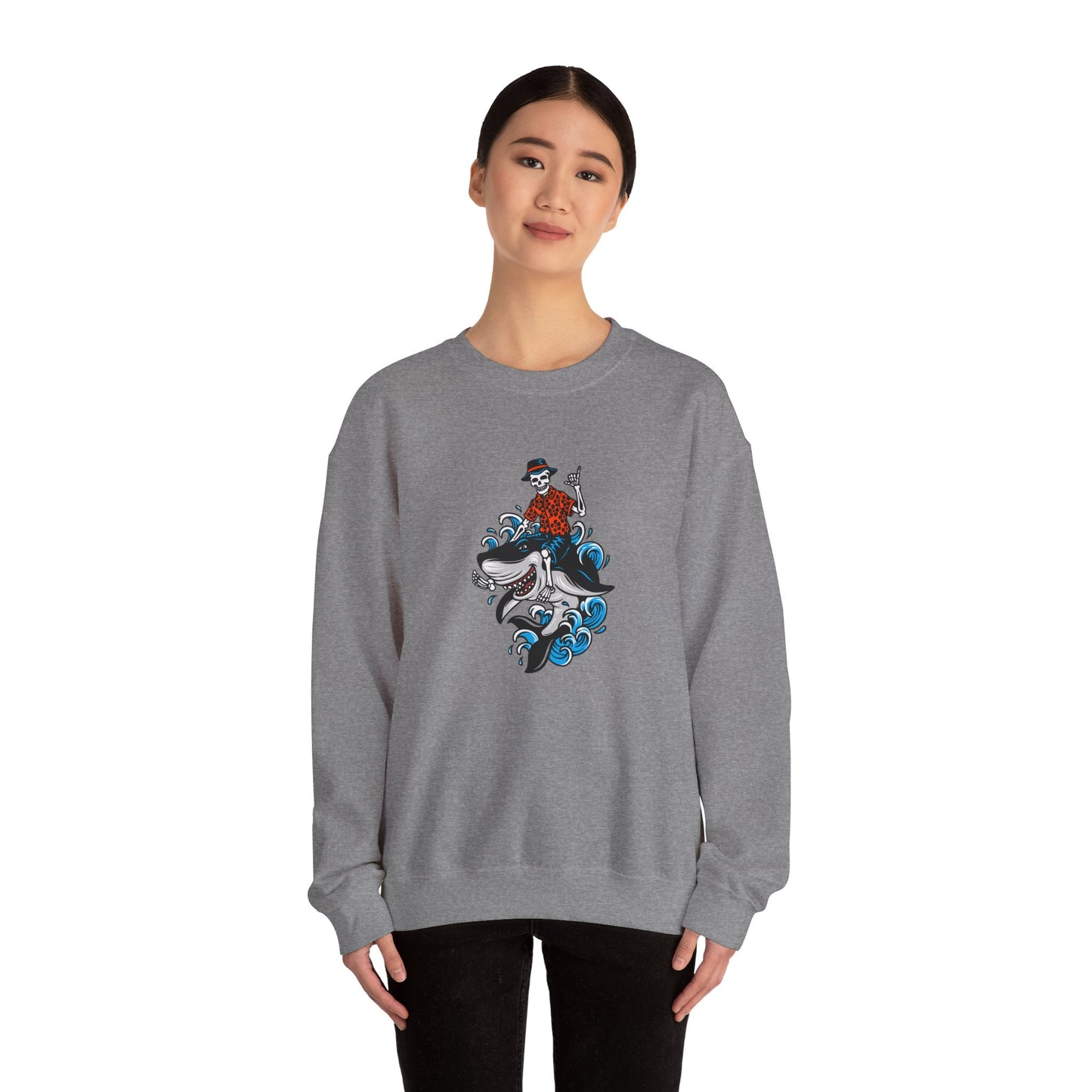 Rock on Skeleton Riding Shark Crewneck Sweatshirt